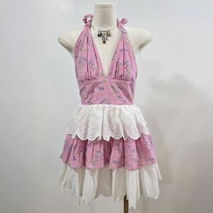 Dolls Kill Sugar Thrillz pink and white layered eyelet halter dress